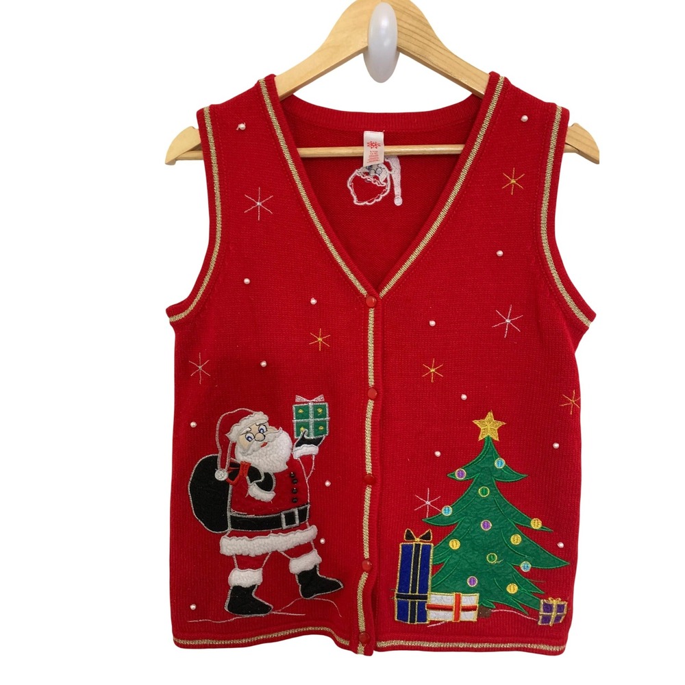 Womens Red Santa Christmas Tree Sweater Vest Gold‎ Trim V-Neck Small HTL44315V